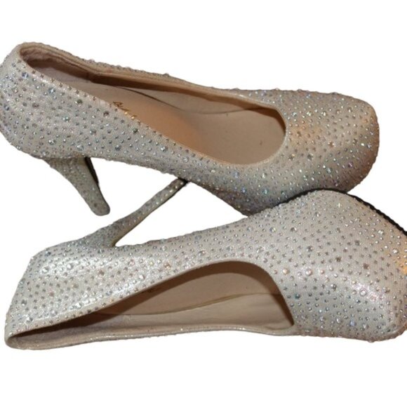 Imported Shoes - Lola Heel Silver Women's Rhinestone Round Toe Slip-On Pump 245 Korea 7.5 US New